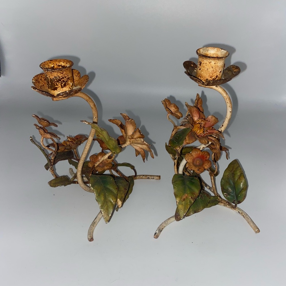 Vintage Tole Patina Floral Candle Holders - Picture 4 of 9